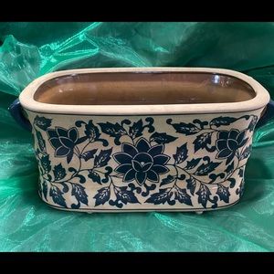 Ceramic planter blue and beige heavy 12” long 41/2